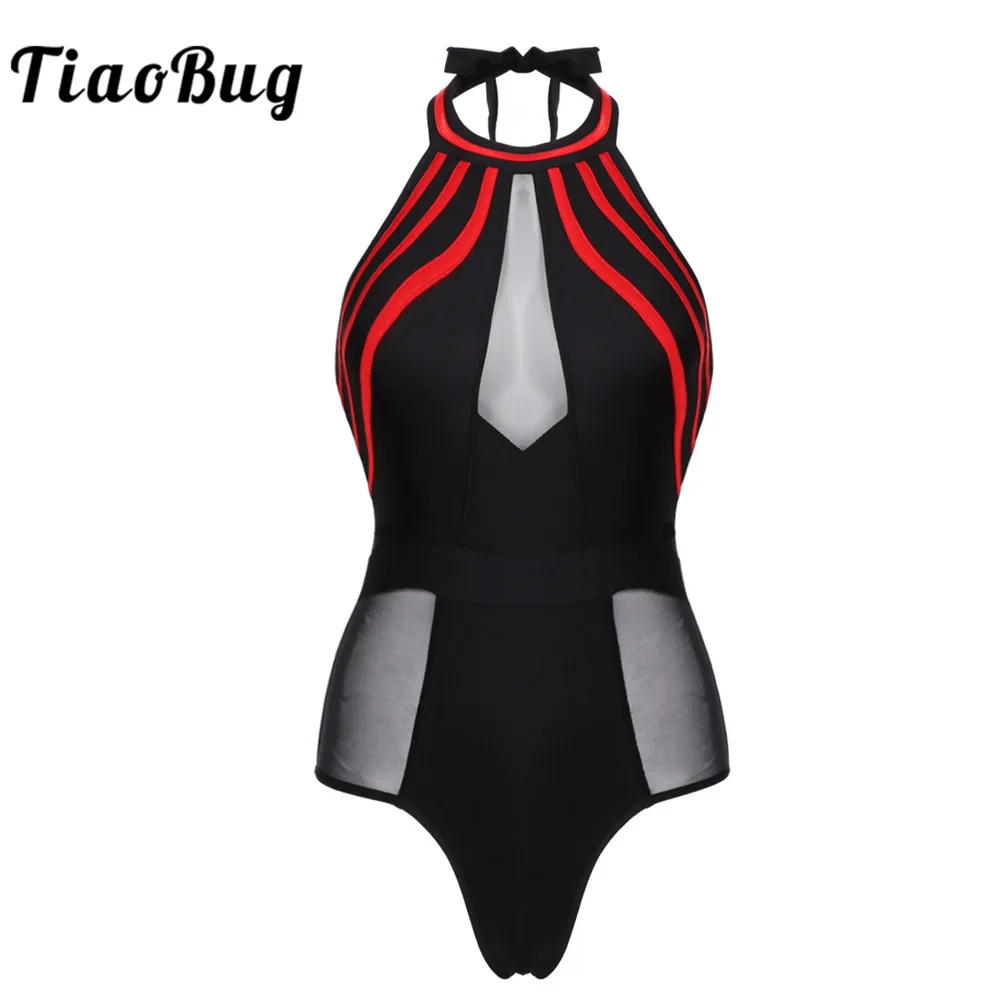 

TiaoBug Women's One-Piece Swimsuit Mesh Patchwork Swimwear Halter Sleeveless Summer Ladies Beachwear Monokini Sexy Bathing Suit