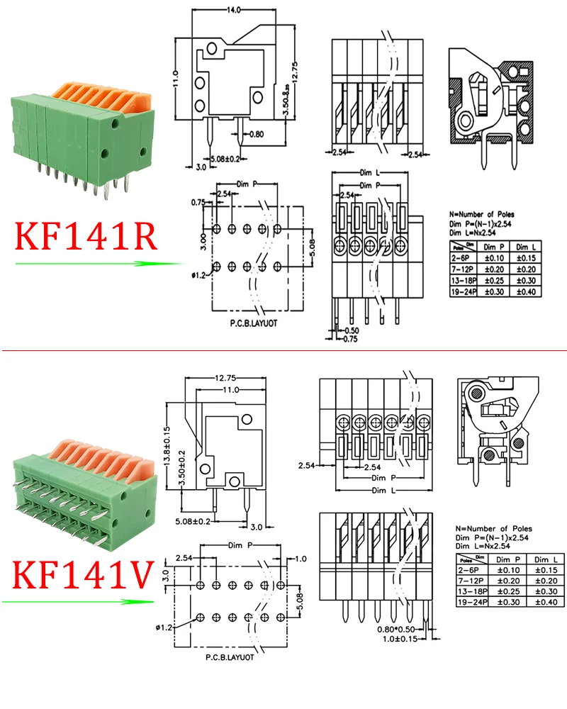 10Pcs KF141R KF141V PCB Spring Screwless Terminal Block 2.54mm 2/3/4/5/6/7/8/9/10 Pin Straight / Bent Foot PCB Mount Connector