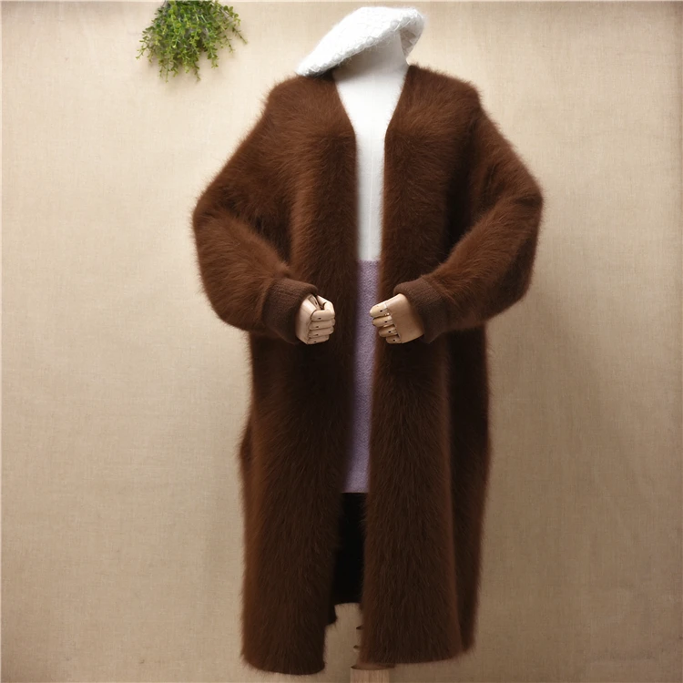 

female women autumn winter clothing hairy plush mink cashmere knitwear inside loose long sweater cardigan mantle angora coat