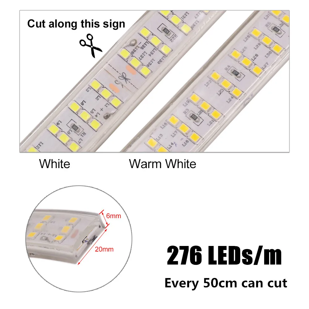 Super jaśniejsze 220V 2835 LED Strip Light wodoodporne oświetlenie zewnętrzne 276 leds/m trzyrzędowa elastyczna taśma listwa oświetleniowa