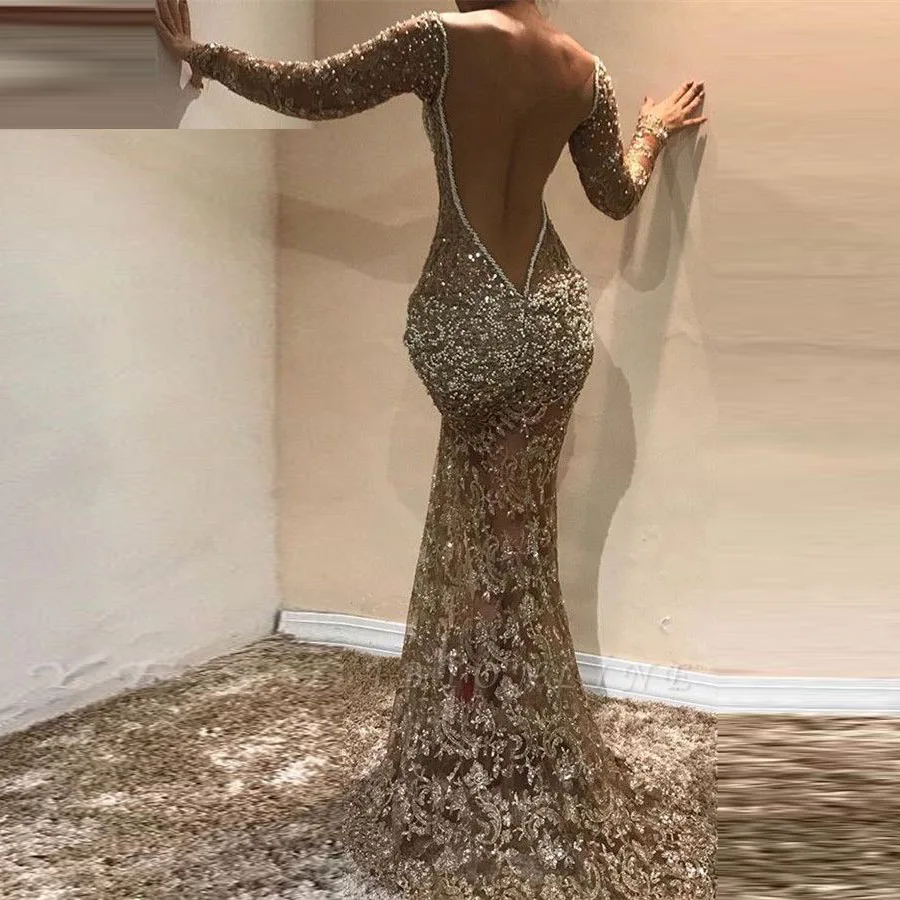 Open Back Embellishment Prom Dress Bead abiye abendkeilder Evening Dresses Front Slit Vestido De Festa Full Sleeves Formal Gown