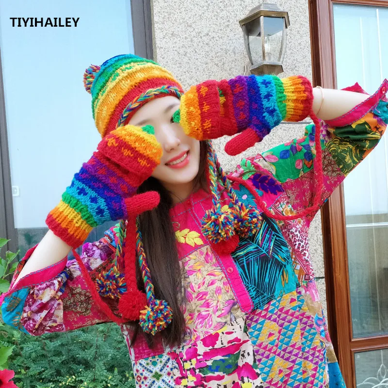 TIYIHAILEY Free Shipping 2020 New Fashion Rainbow Colorful Winter Warm Thick Fleece Inside Gloves For Women Wool High Quality