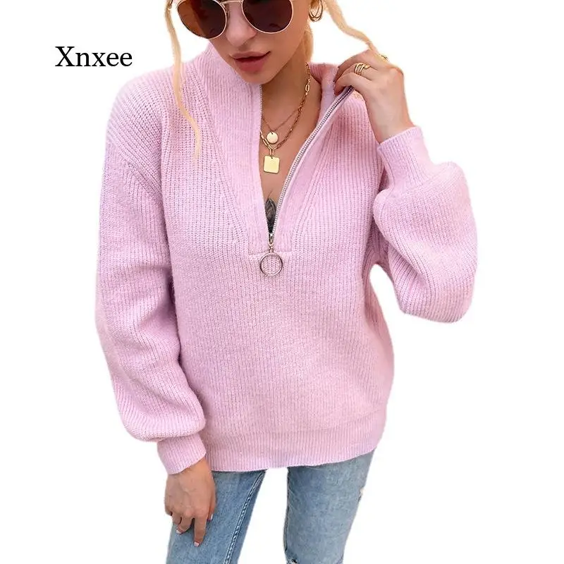 

Spring and Autumn Fashion Casual Crochet Solid Color Women's Zipper Sweater Pullover Korean Version of Chunsu Sweater