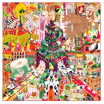 POBING manuel el haddelenmiş dimi ipek eşarp kadın hayvanlar krallık kare eşarplar Echarpes Foulards Femme Wrap Bandana başörtüsü 90CM