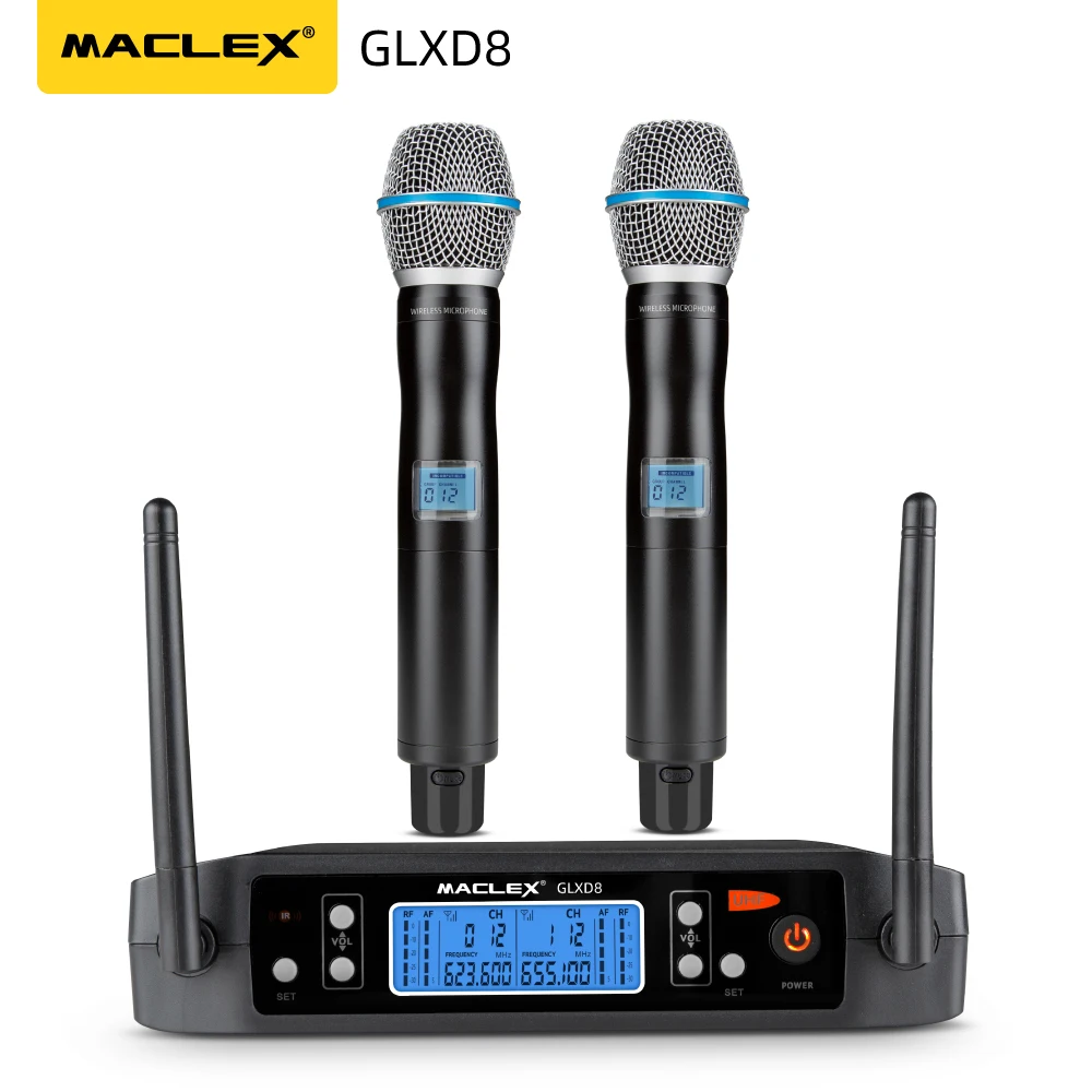 

Maclex GLXD8 Professional Dual Adjustable frequency UHF Wireless Microphone System stage Church party Metal handle Karaoke mic