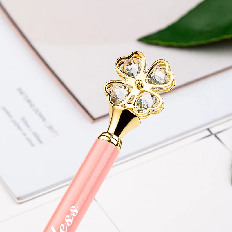 Free Carving Logo Creative Clover Metal Ball Point Pen Business Advertising Crystal Pen School Office Stationery Gift Custom Pen