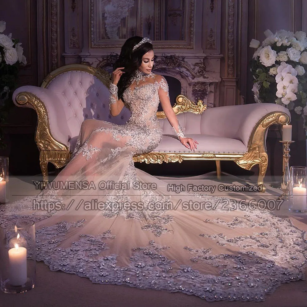 Arabia saudita lusso scintillante Bling perline abito da sposa illusione pura champagne Tulle collo alto sirena abiti da sposa lunghi 2021