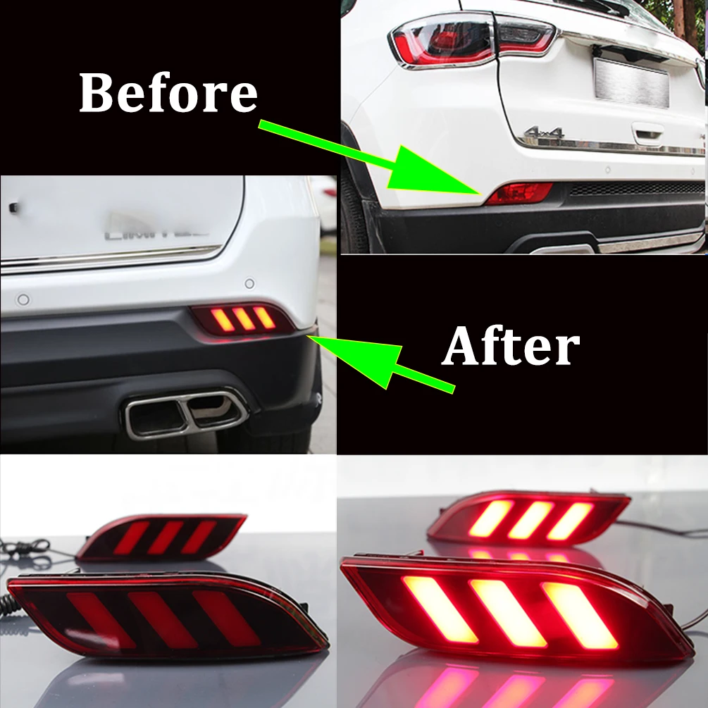 2 Pcs Car LED Rear Bumper Assembly Kit Reflectors Brake Tail Driving Lights Fog Lamps Accessories 12V for Jeep Compass 2017 2018