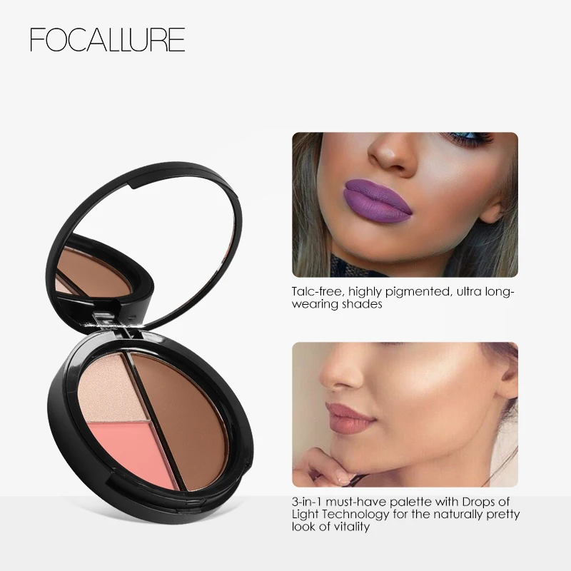 Focallure Blush Contour Highlight Palette 3 in 1 Face Makeup Set Long Lasting Highlighter Blusher Palette Natural Cosmetics