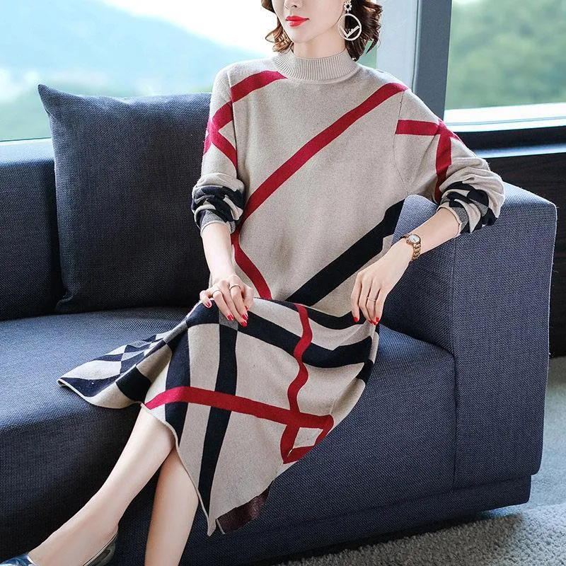 Pull ample surdimensionné à col roulé pour femme, haut en tricot, avec poches, longueur aux genoux, manches longues, style Patchwork Hlaf