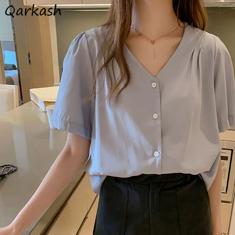 

Shirts Women Short Sleeve Elegant Simple Solid Color Popular Girls Tops Loose Thin Comfortable Clothing Female Single Breasted