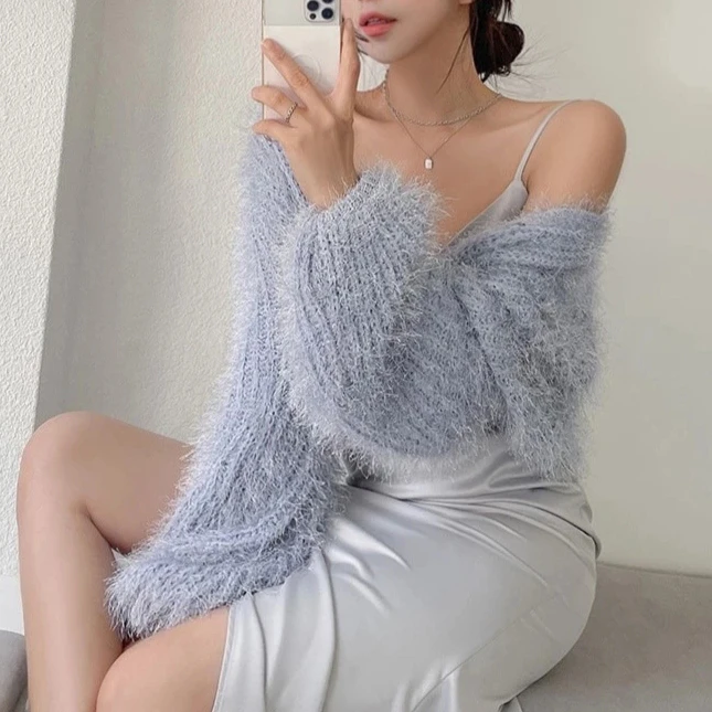 Korean Autumn Sweet Sexy V Neck Mohair Pink Knitted Sweater Crop Long Sleeve Cardigan Temperament Elegant All-match Solid