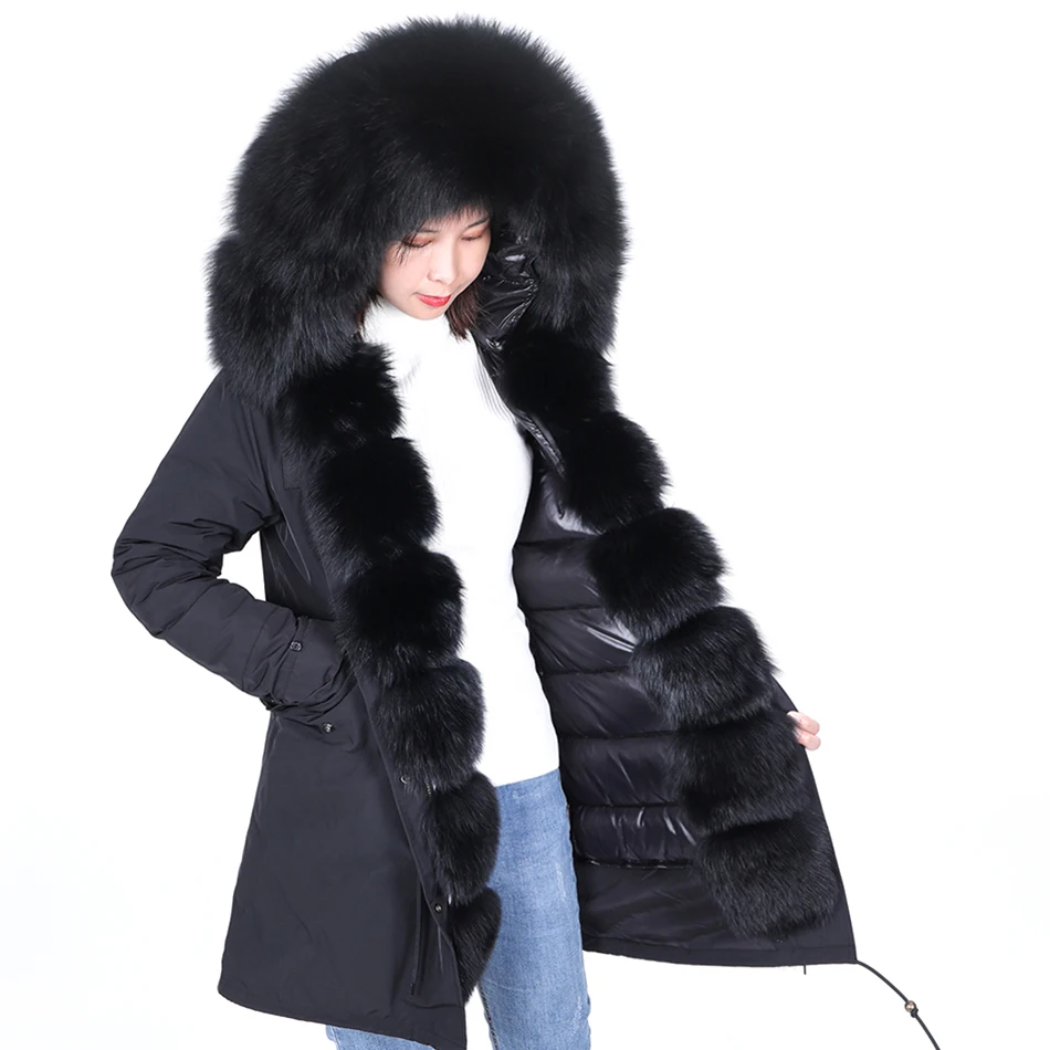 MMK fashion warm winter coat ladies real fur coat natural real fox fur collar loose long parka coat fur coat detachable