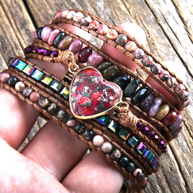 RH Fashion Bohemian Jewelry Women Vegan Boho Bracelet Mixed Natural Stones Heart Charm 5 Strands Wrap Bracelets DropShipping