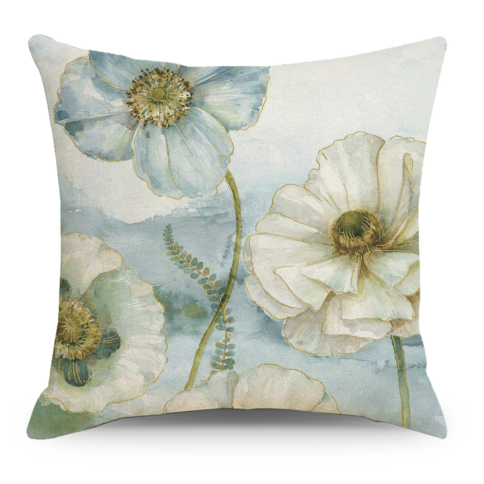 Vintage Watercolor Painting Blue Floral Cushion Cover Linen Birds Roses Unikko Pillows Case Sofa Chairs Throw Pillows Home Decor