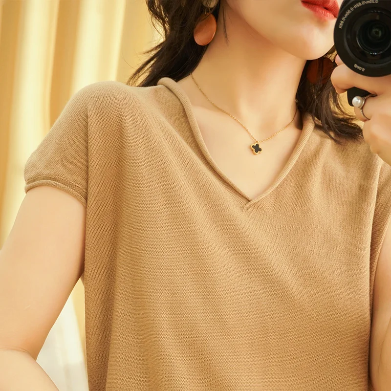 2021 V-neck pullover sweater women cotton Korean version is thin short-sleeved all-match summer T-shirt thin NS4780