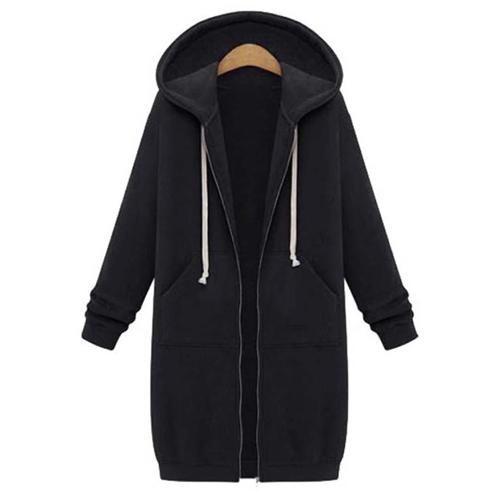 2020 Autumn Casual Women Long Hoodies Sweatshirt Coat Zip Up Outerwears Hooded Jacket Winter Pockets Plus Size Outwear Tops