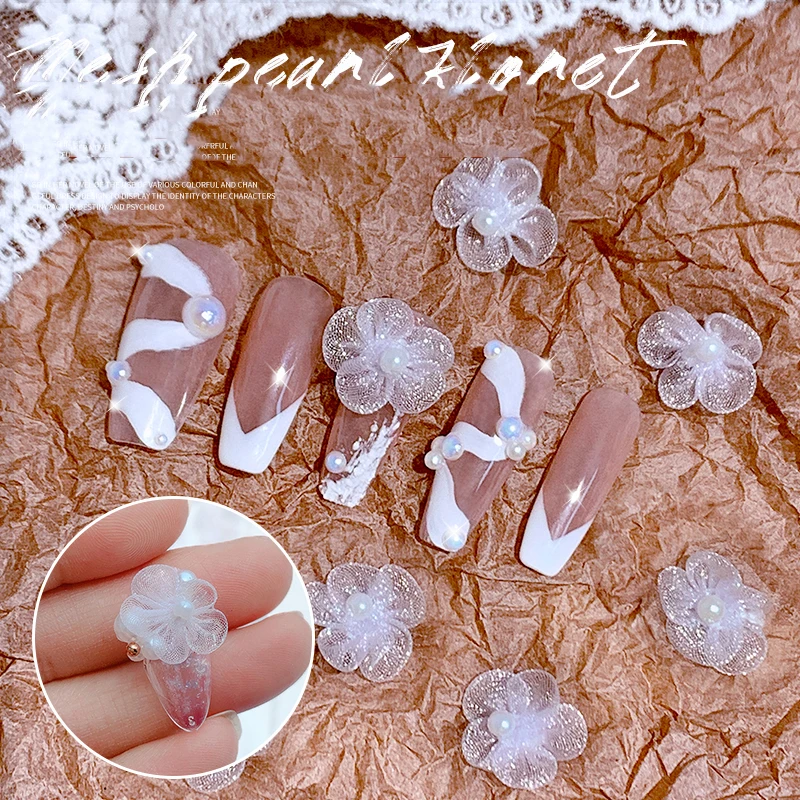 10pcs White Mesh Fabric Flowers Nail Art Decoration 3D Charm Pearl Fairy Chiffon Lace Floral Nail Ornaments DIY Manicure Designs