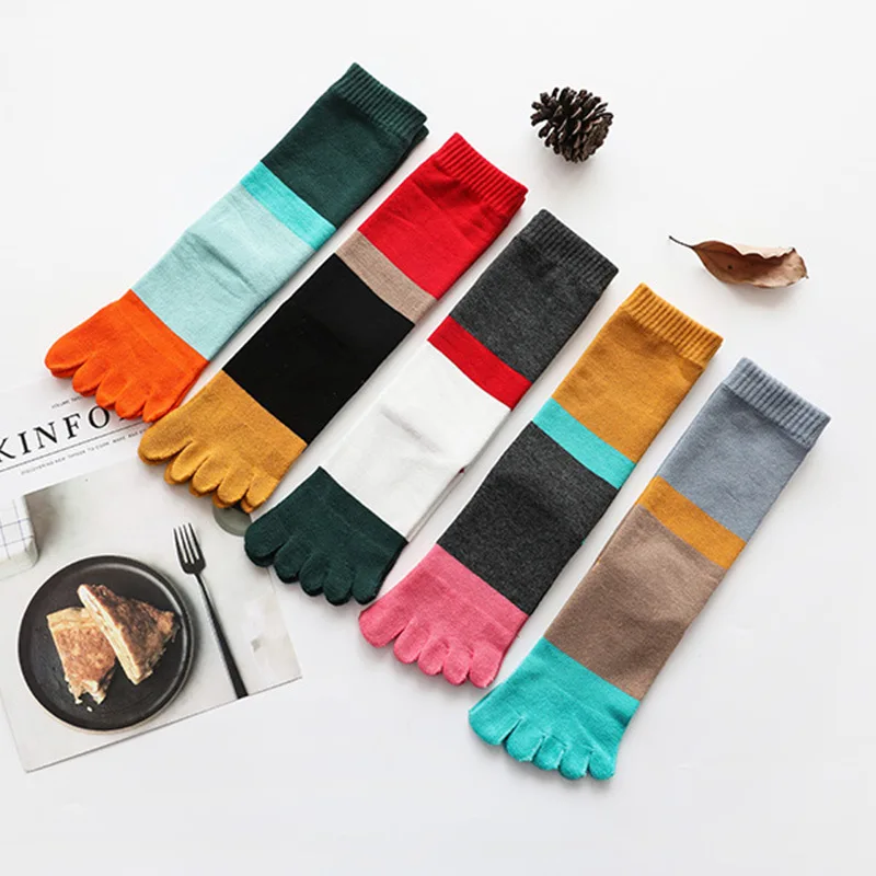 5 Pairs Women Toe Long Socks Girl Cotton Striped Stitching Color Soft Elastic Endurable 5 Finger Happy Harajuku Socks 4 Seasons