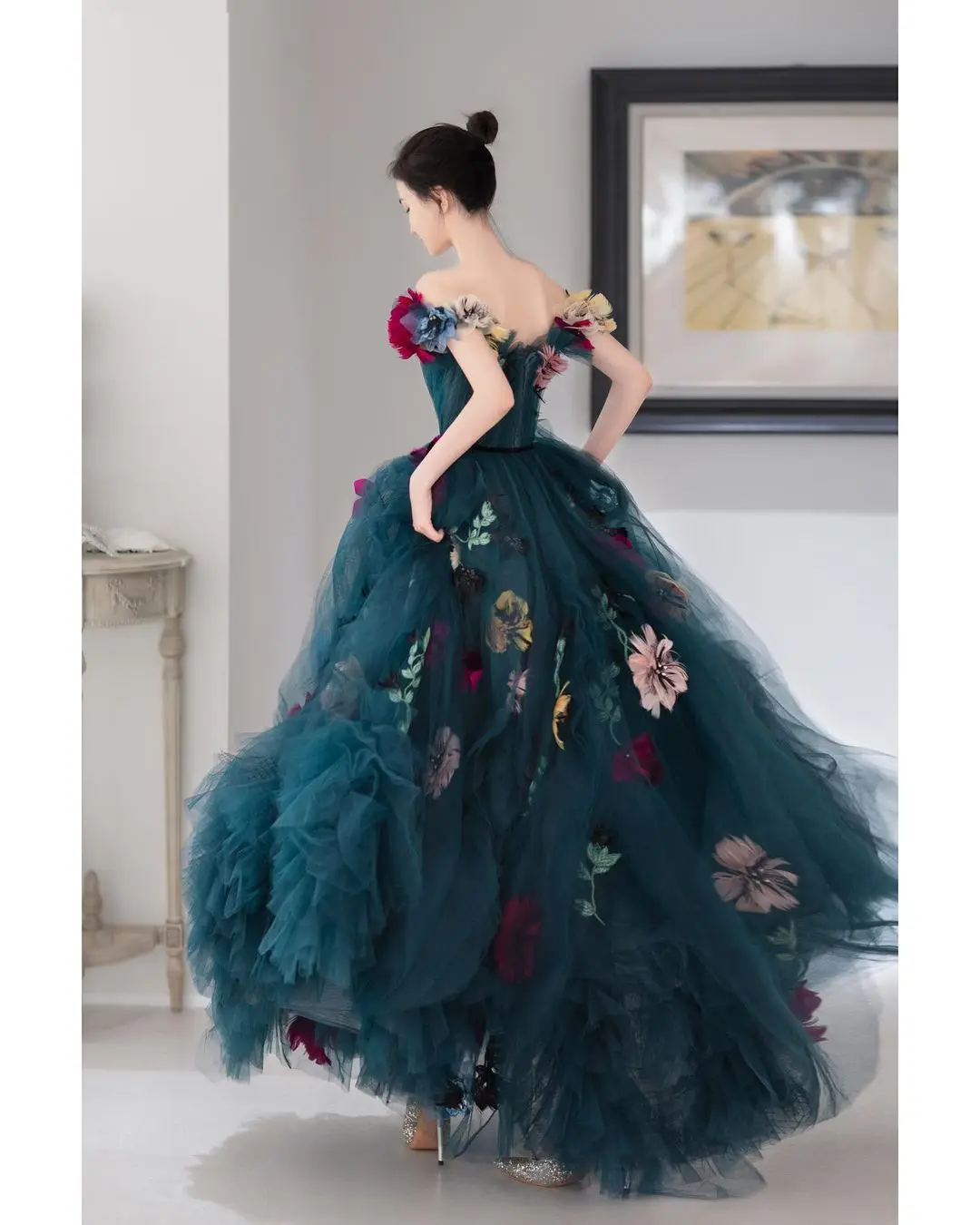 Off-Shoulder Dark Blue Sweetheart Tulle Dress Lush A-Line Floral Dresses 3D Flowered Evening Dress 2023 Ever Pretty Plus Size