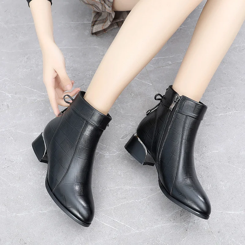 GKTINOO New Ankle Boots Women Pointed Toe Thick Heels Genuine Leather Shoes Short Boots Soft Sole Footwear Plus Size 35-43