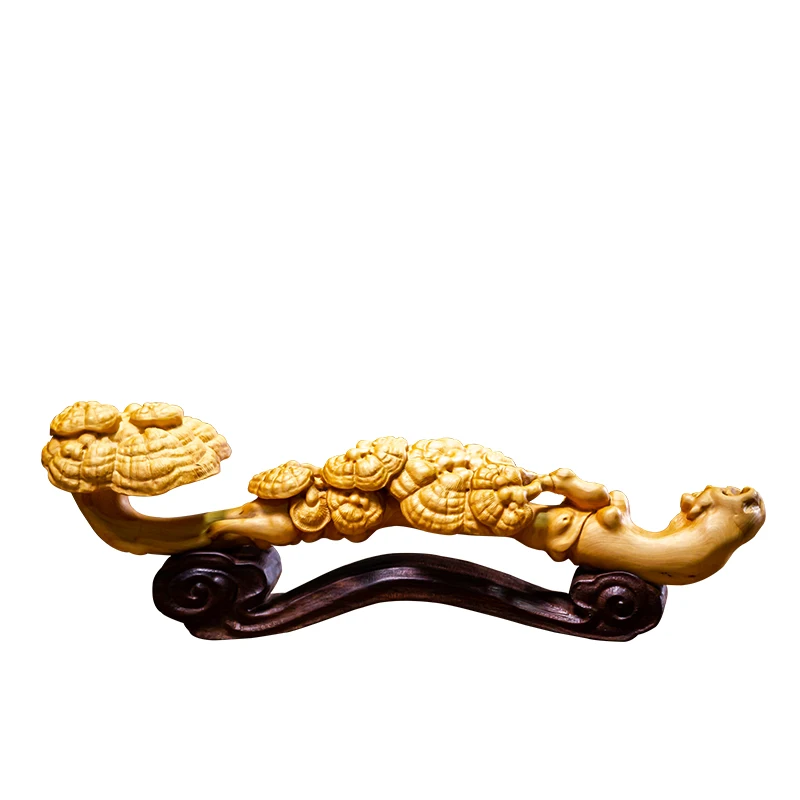 XS232-14CM Hand Carved Boxwood Carving Figurine Lucky Statue Home Decor -Ganoderma Ruyi Feng Shui Sculpture