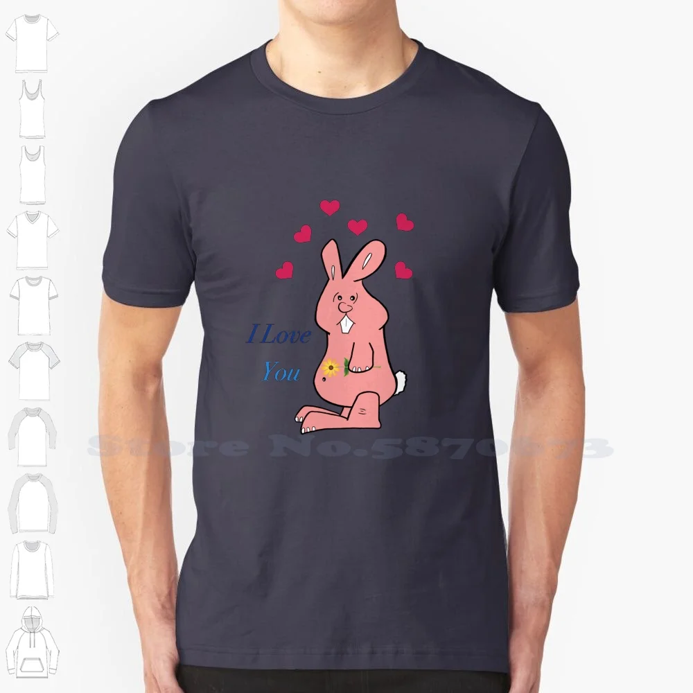 I Love You Bunny Motif 100% Cotton T-Shirt Bunny Rabbit Coney Cony Love Valentines Day Sweet Cute Enamored Flower Heart