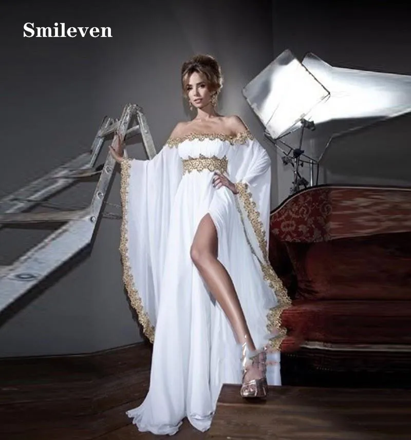 Smileven ปากีสถานชุดราตรีปิดชุดไหล่ GOLD Appliques ชีฟองแอฟริกันพรหม Gowns ด้านข้างแยกปาร์ตี้ Gowns