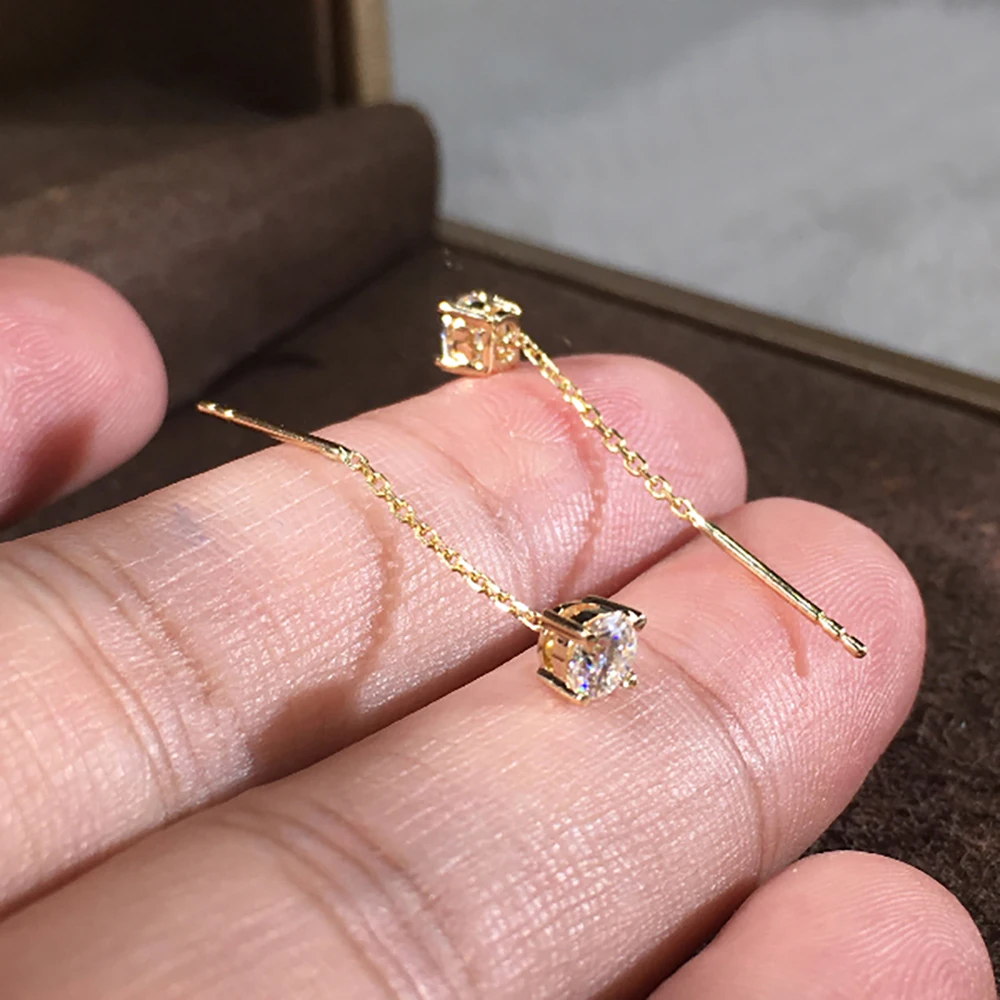 Custom Solid 18K Yellow Gold 1 Carat Drop Earrings Line Women Wedding Anniversary Engagement Round Tassel Moissanite Diamond