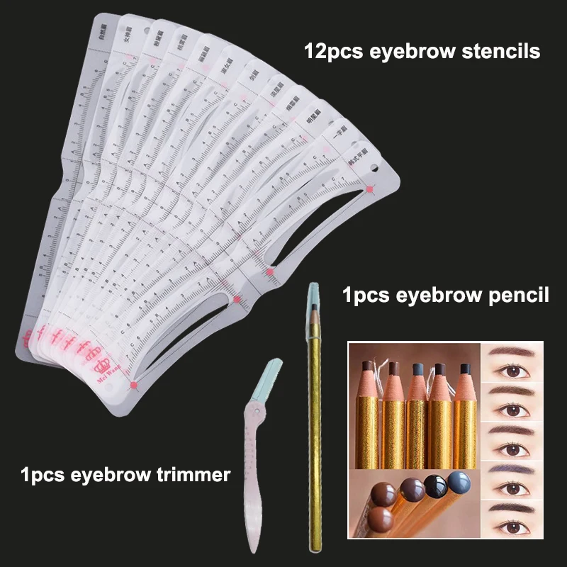 12 shapes Eyebrow Stencil Ruler with head strap Brow Template Shaping Tools Brow Pencil and Razor Makeup Tool Kit PMU Supplies