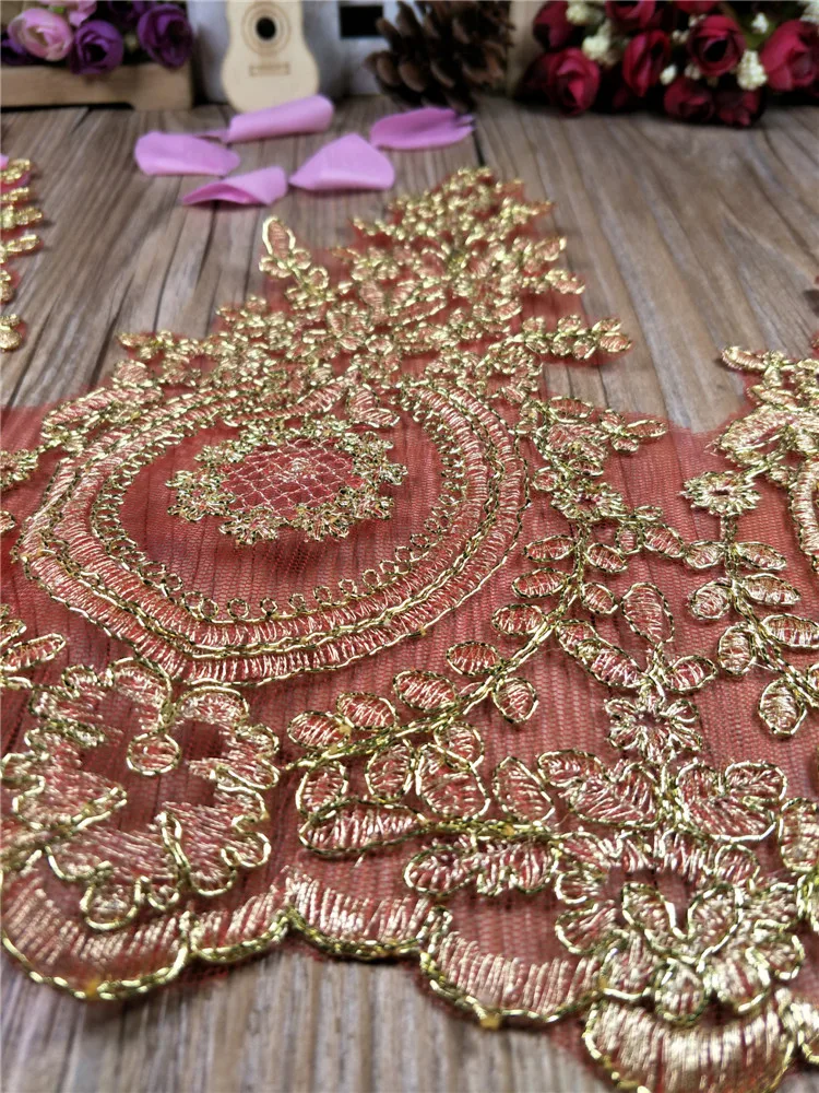 1Yard Hot Sale Red Mesh Lace Trim Luxury Embroidery Light Gold Lace Fabric for Wedding Dresses 27cm