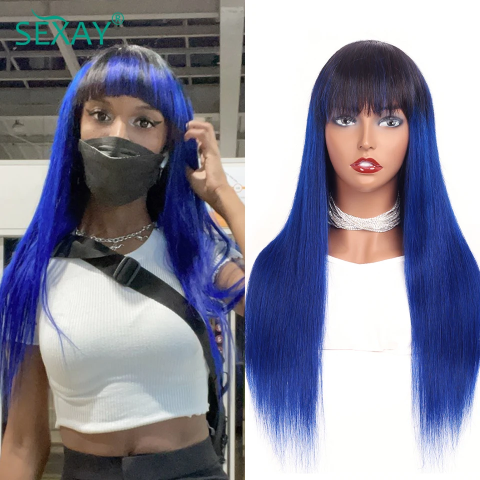 26 28 Inch Ombre Blue Human Hair Wigs With Bangs Remy Brazilian Straight Hair Sexay 1B Turquoise Colored Fringe Wig For Women