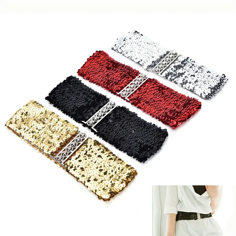 1pc Free Size Shinny Wide Stretch Belt Women Cummerbund High Fashion Metallic Sequin Women Dress Belts  /Black/