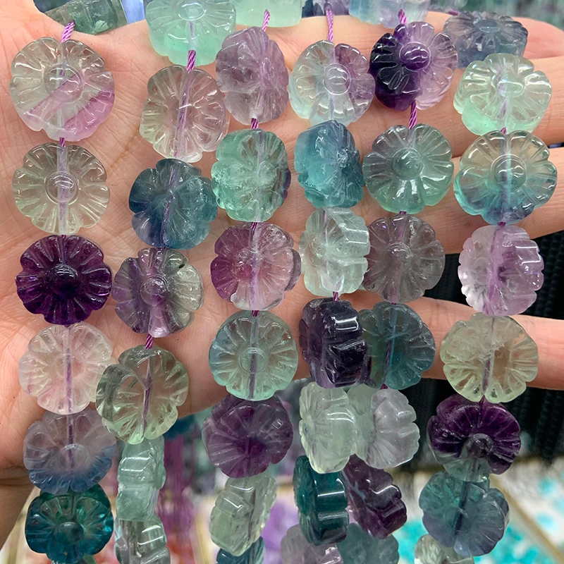 12mm Natural Fluorite Stone Beads 15\'\' Carved Flower DIY Loose Beads For Jewelry Making Women Beads Bracelet Necklace Gift