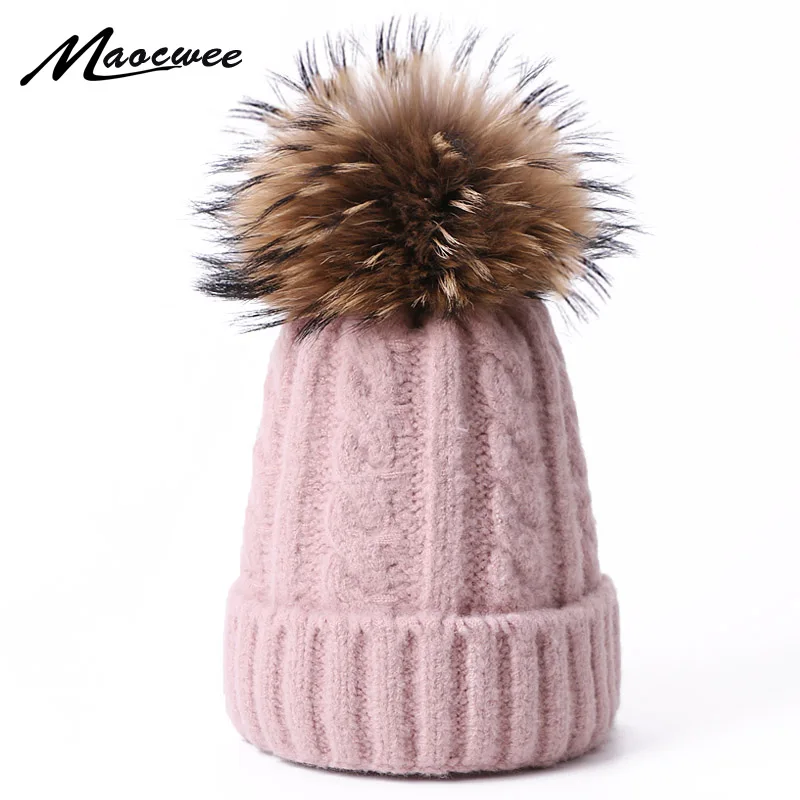 

Real Raccoon Fur Pom Pom Wool Beanie Hat For Children And Women Winter Warm Knitted Skullies Beanies Kid Solid Color Bonnet Hats