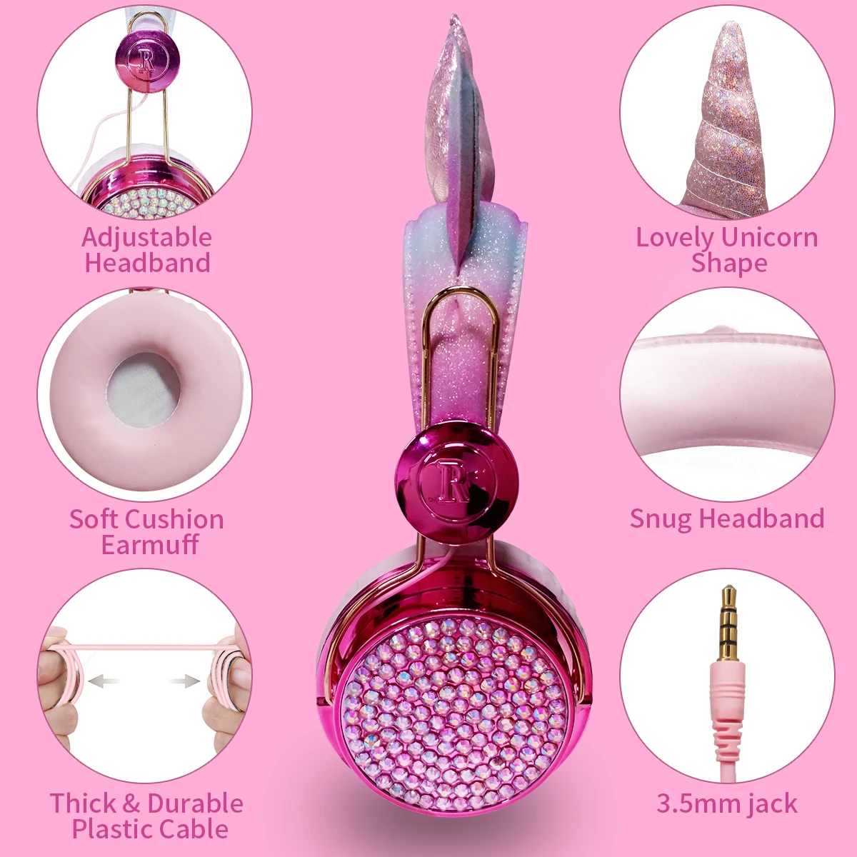 سماعات رأس للأطفال، على شكل وحيد قرن ، مع ميكروفون للألعاب ، للفتيات, مزيّنة بالماس، تناسب البث المباشر لمقاطع الفيديو على يوتيوب
