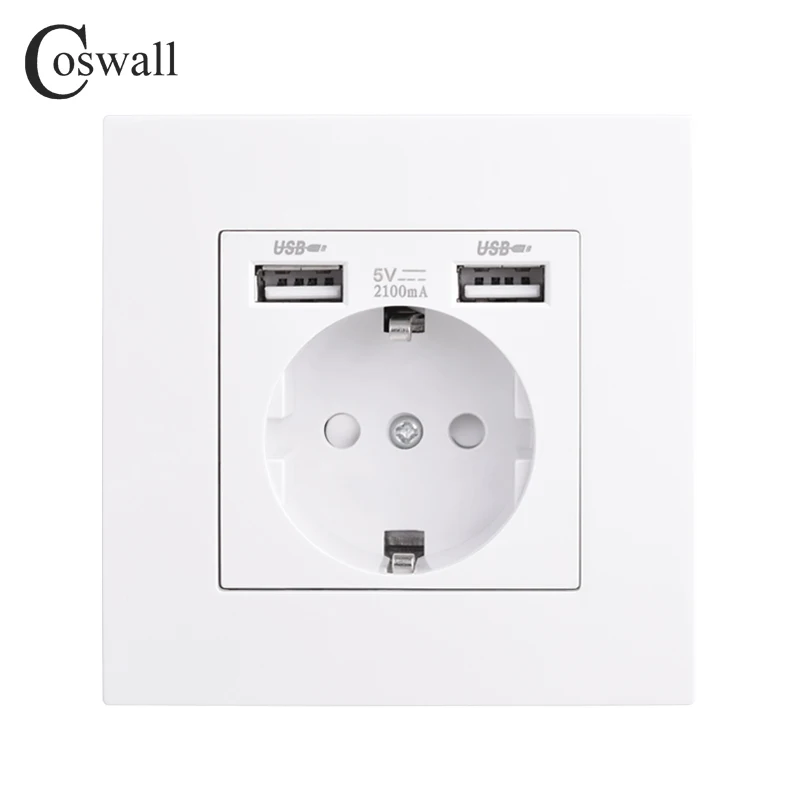 COSWALL Russia Spain EU Standard Wall Socket USB Charge Port Simple PC Panel Black White Grey E20 Series Full Rangle