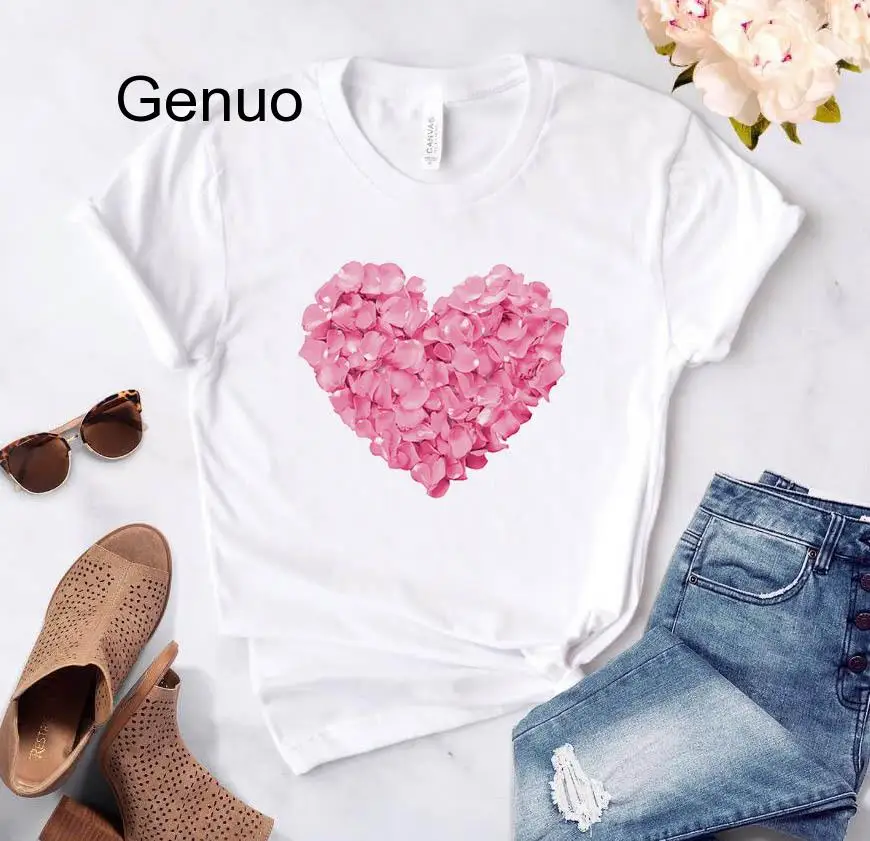 

Pink Heart Flower Print Women Tshirt Cotton Casual Funny T Shirt Gift 90s Lady Yong Girl Drop Ship