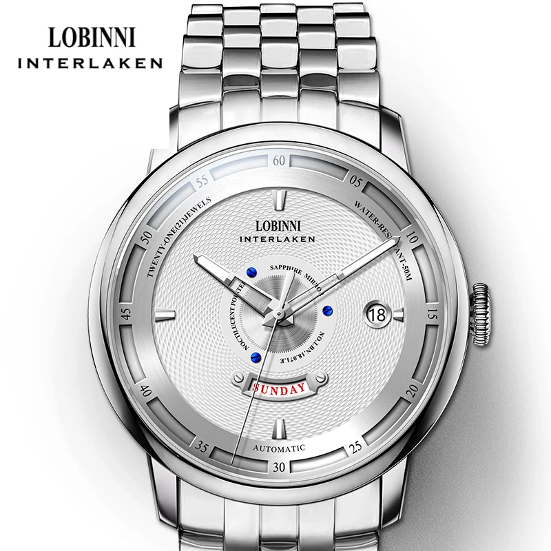 

LOBINNI модные водонепроницаемые автоматические мужские часы с сапфировым стеклом из нержавеющей стали мужские механические часы с дисплеем даты и недели наручные часы
