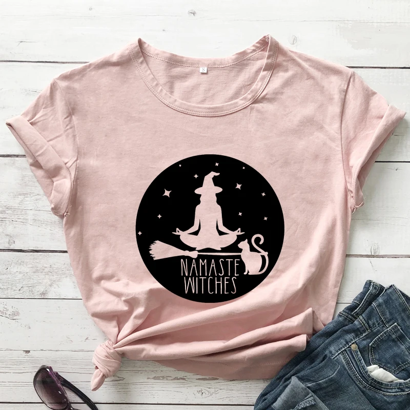 Namaste witches-女性のためのヴィンテージコットンTシャツ,ハロウィーンのパーティーシャツ,女性のための面白い魔女の瞑想,ヨガワークトップ,シャツ100%