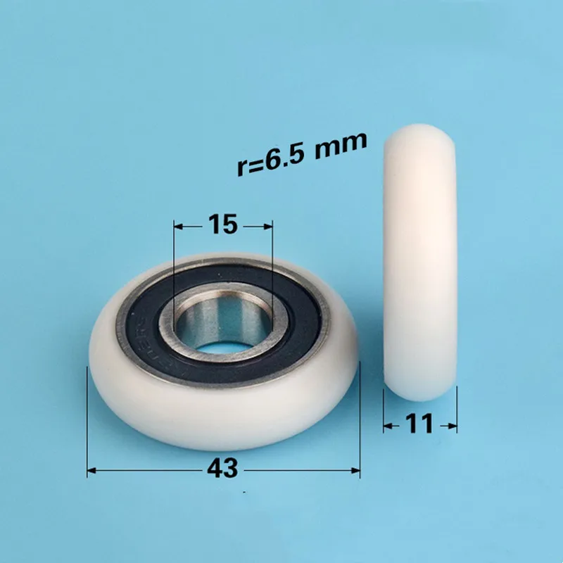 10pcs 15*43*11mm 6202-2RS Bearing Coated Plastic Pulley POM Shell Spherical Radian Radius 6.5mm Guide Wheel Roller