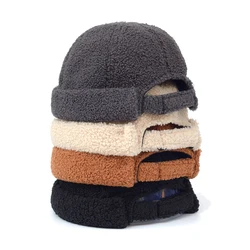 Winter Warm Thick Cap Women Men Faux lamb wool Hat Docker Sailor Biker Cap Vintage Faux Fur Brimless Hat Casual Short