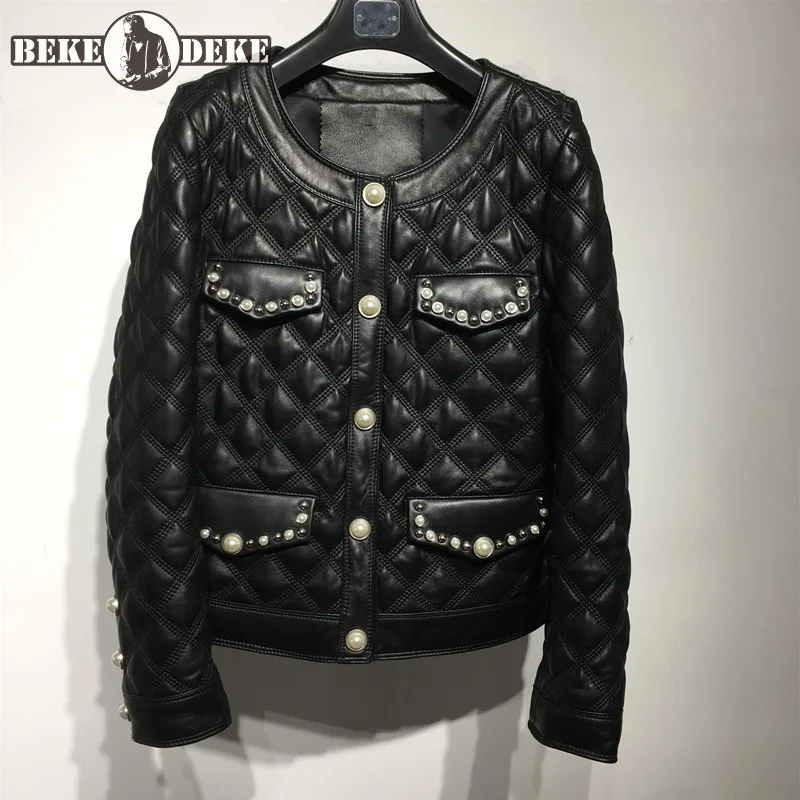 

New Sheepskin Coat Women Elegant O-Neck Slim Fit Rivet Pearls Single Breasted Plaid Jacket Office Ladies Genuine Leather Jackets