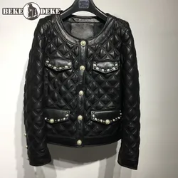 New Sheepskin Coat Women Elegant O-Neck Slim Fit Rivet Pearls Single Breasted Plaid Jacket Office Ladies Genuine Leather Jackets