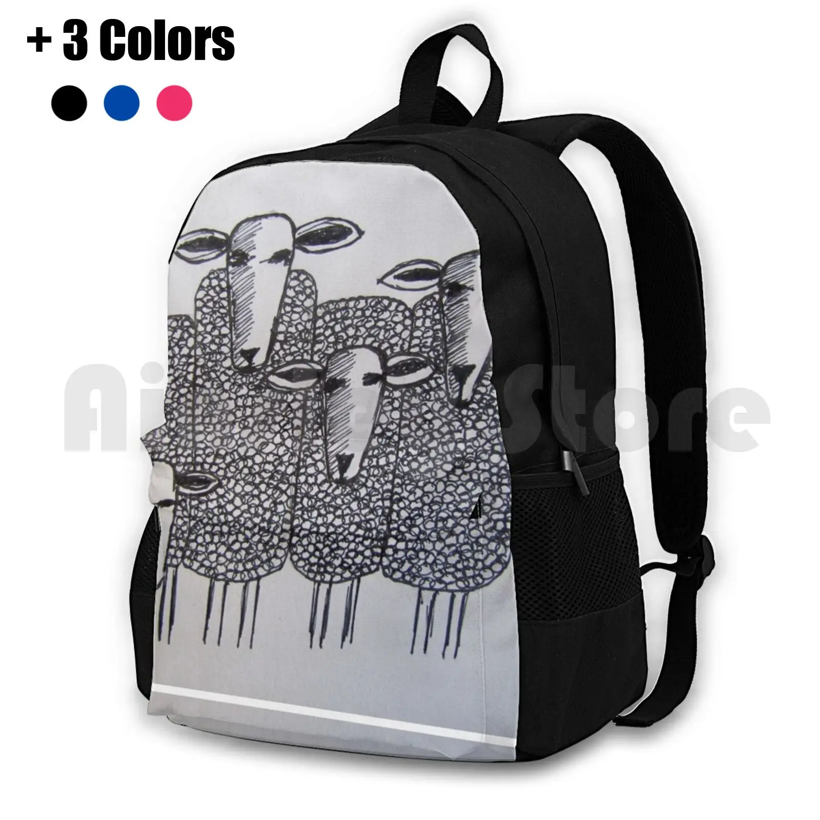 Whimsical Sheep ( Drawing ) Outdoor Hiking Backpack Waterproof Camping Travel Sheep Farm Art Rural Sheep Drawing Black And