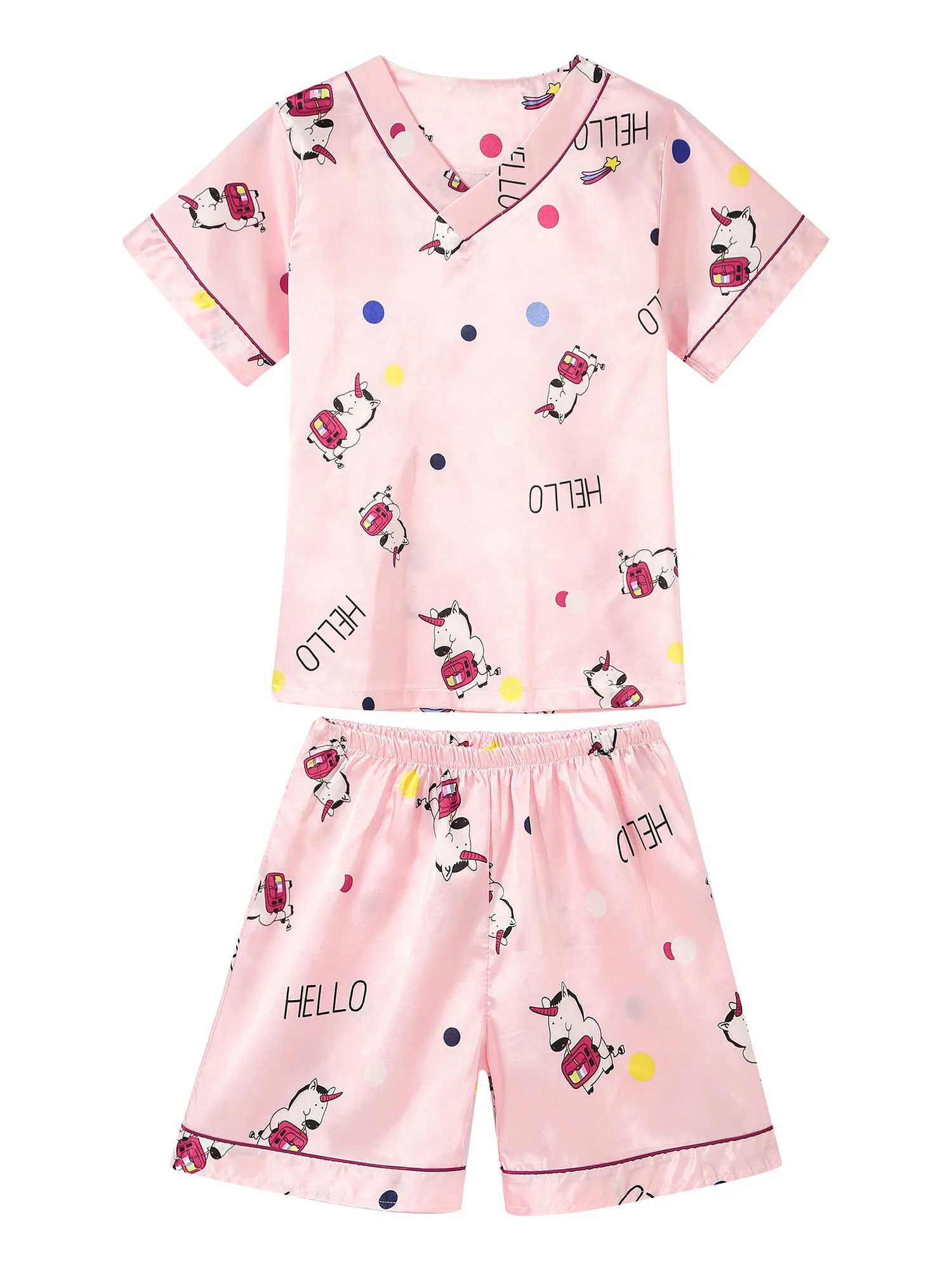 Women Cartoon Print Satin Pajamas Set  Short Sleeve Shirt and Shorts PJ Set Lounge Sleepwear