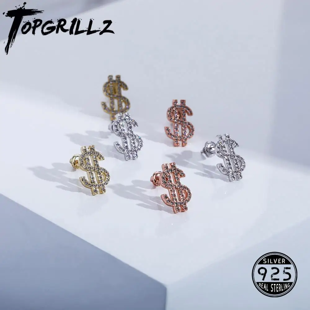 TOPGRILLZ Women's 925 Sterling Silver Earrings Iced Cubic Zirconia Studs Hip Hop Fashion Jewelry