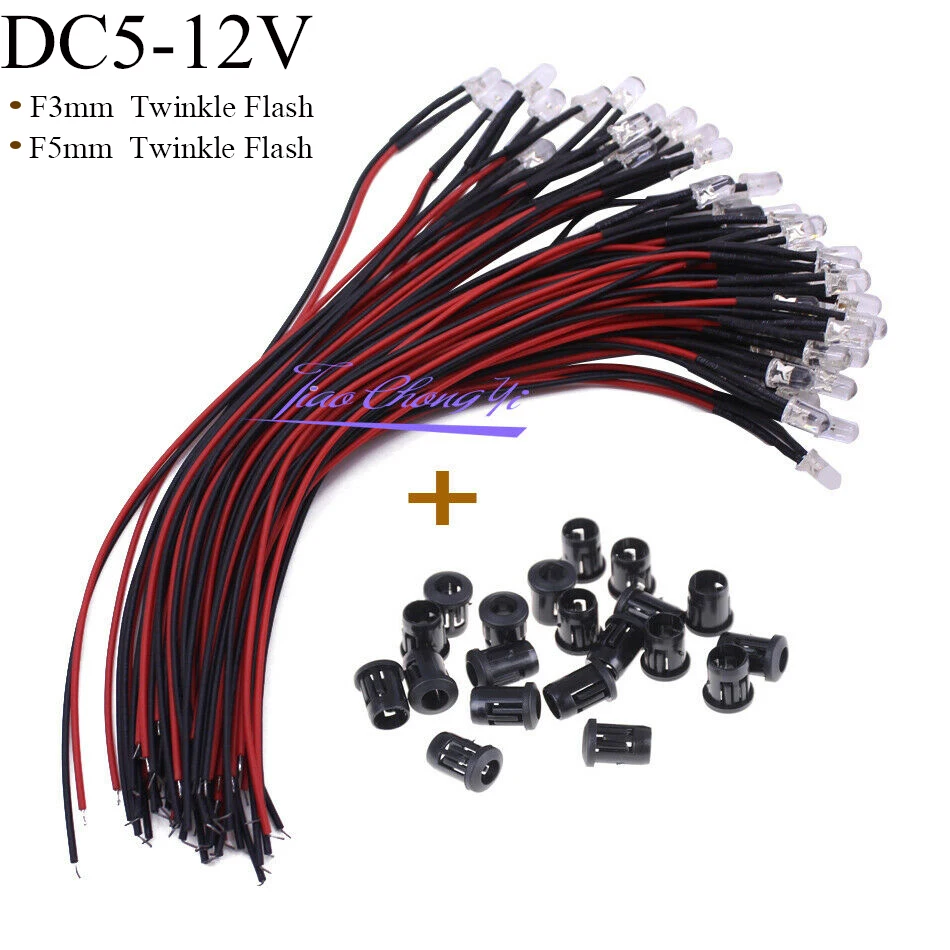 

100Pcs Twinkle Flash DC 5-12V Clear F3mm 5mm Flashing LED With 20cm Red&Black Wire Light White Red Blue Green Yellow RGB Flash