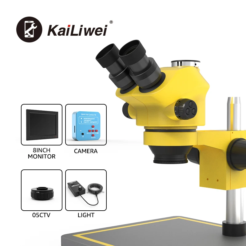 KAILIWEI 7050 Trinocular Stereo 38MP Camera 8Inch Screen HDMI VGA USB Industrial Electronic Video Microscope Soldering Repair