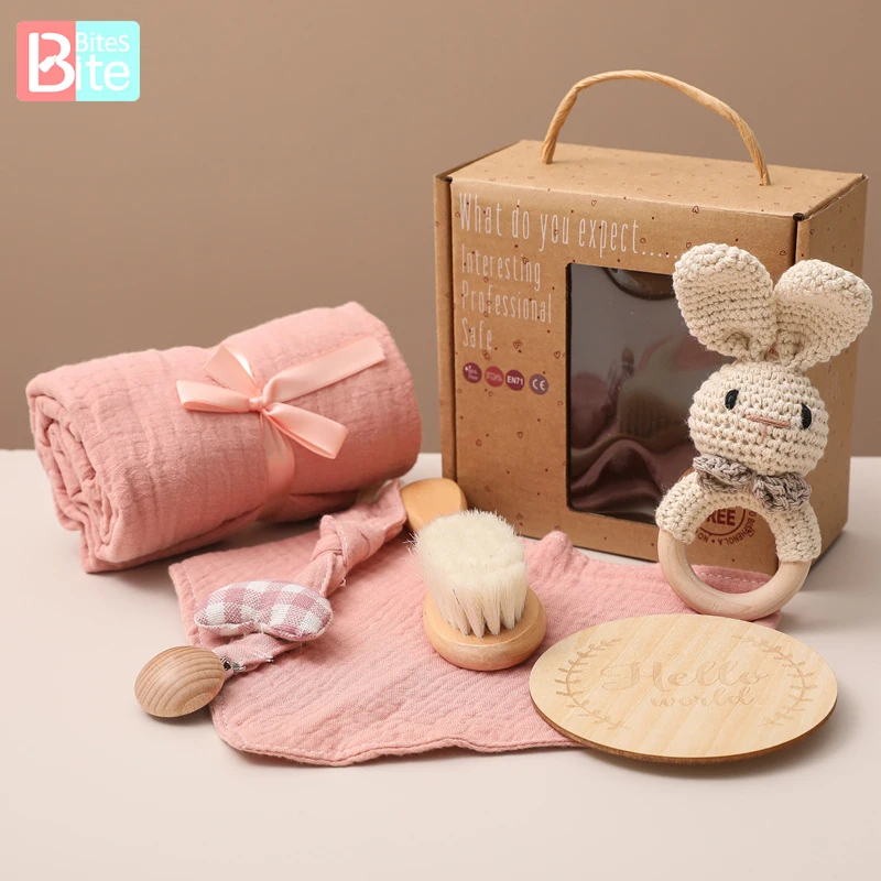 

Bite Bites 1Set Baby Growth Commemorative Gift Bath Toys Set Handmade Crochet Rattle Wooden Milestone Bath Gifts Products